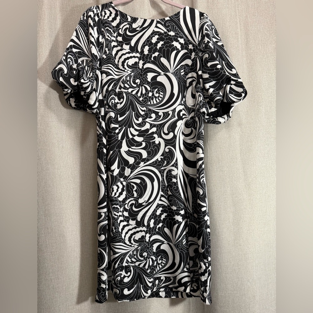 Talbots Black White Floral Dress Bubble Sleeve Satin Shift Wedding Guest Classic - Picture 5 of 17